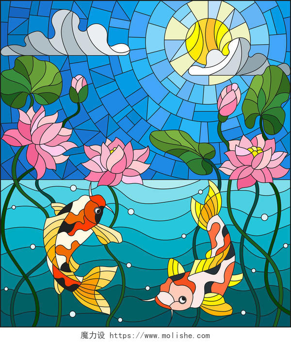 在彩色玻璃风格与锦鲤鱼和荷花太阳能天空和水的背景上的插图二十四节气24节气立夏